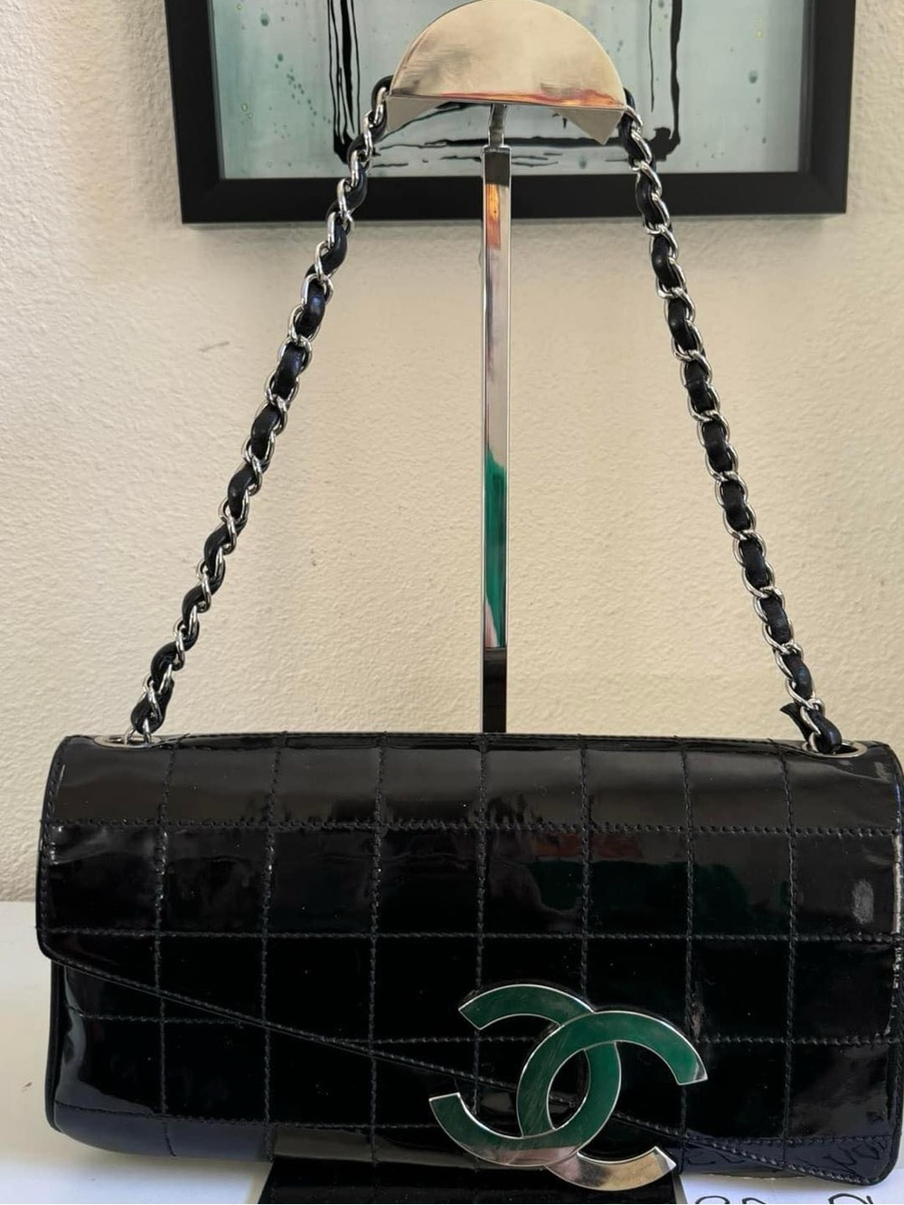 CHANEL Black Patent Quilted Shoulder Bag with Green CC Accent